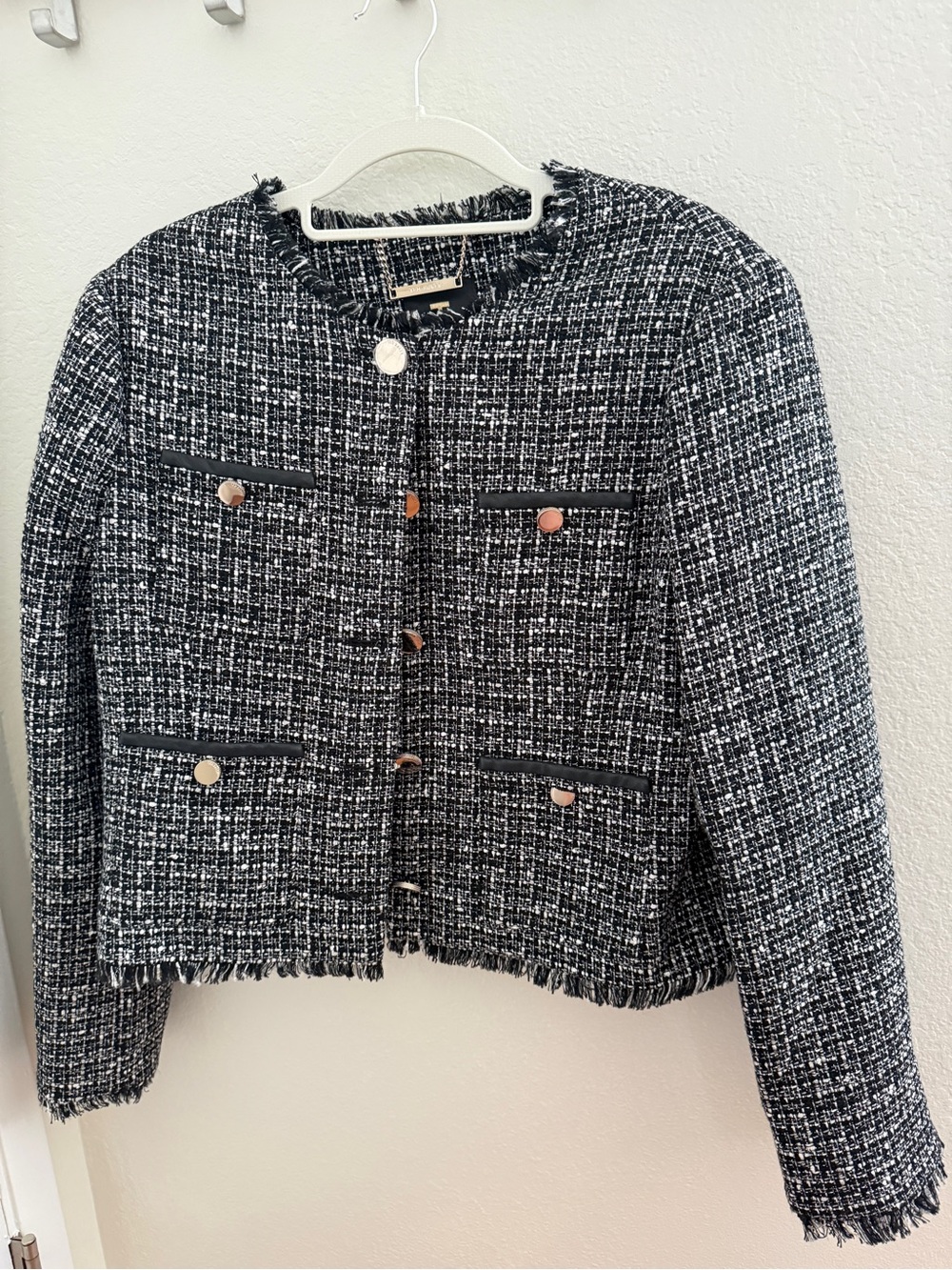 (NWOT)Ted Baker Black and White Tweed Chain-Trim Jacket